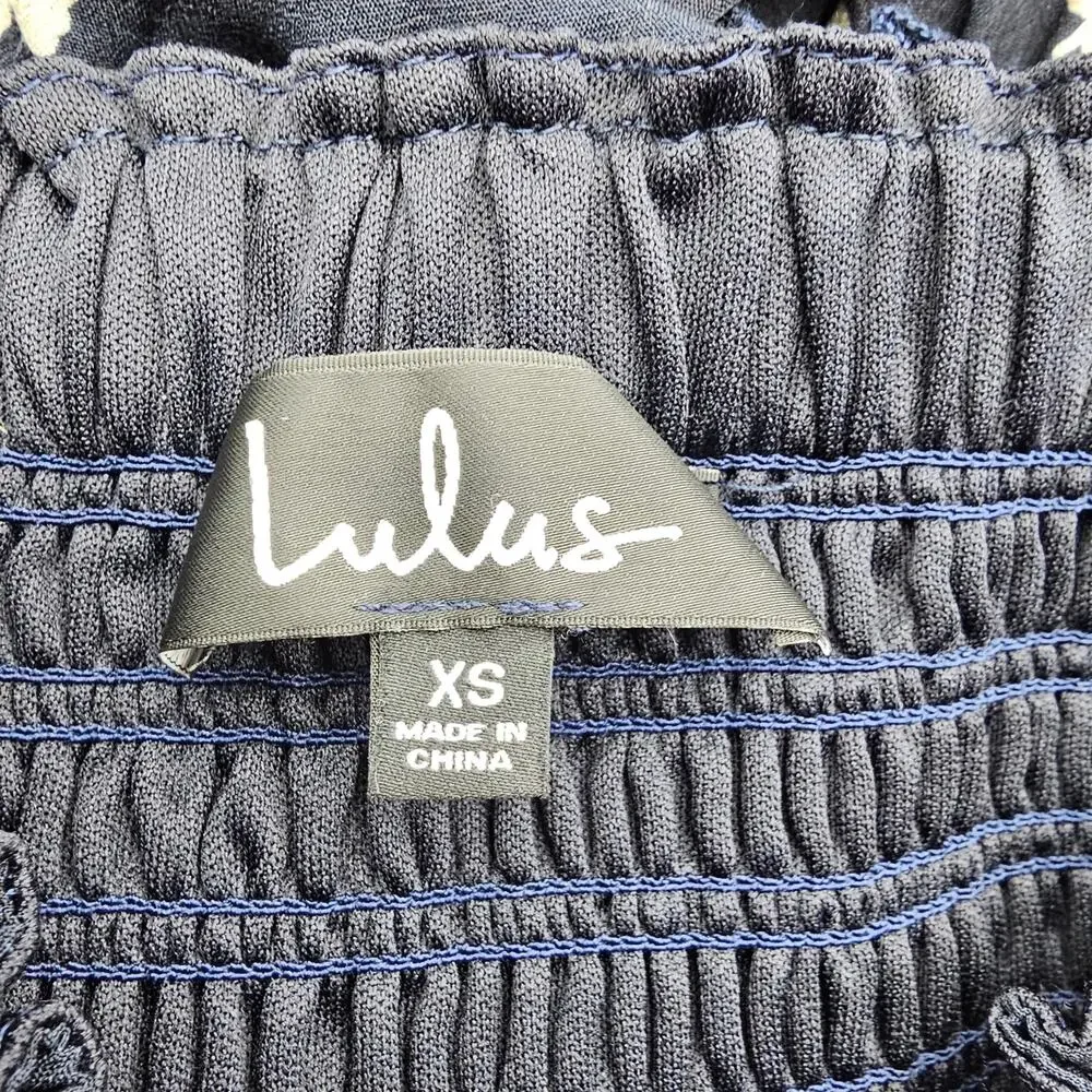 Lulu's Womans size XS Strapless Smocked Floral Tiered Mini Dress Navy Blue/Tan